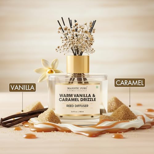 Majestic Pure Warm Vanilla & Caramel Drizzle Reed Diffuser for Home, Bathroom & Office | Natural Aromatherapy Air Freshener & Room Fragrance, with Reed Sticks & Dried Flowers 3.4 fl oz