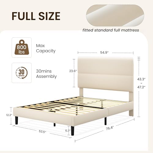 GRUSIGN Platform Bed Frame with Velvet Headboard, Adjustable Height Wooden Slats Support, Upholstered Mattress Foundation, Fits Mattress or Mattress with Box Spring, Easy Assembly, Beige, Full
