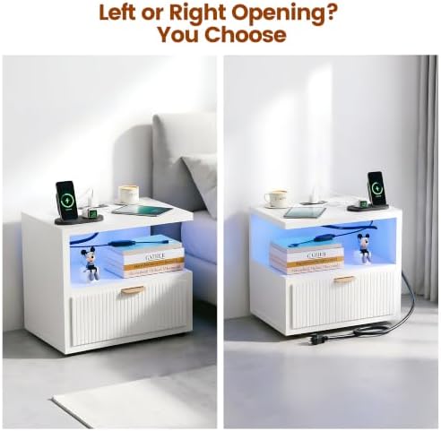Homeiju Floating Nightstand with Charging Station, LED Lights and Drawer