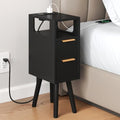 Narrow Side Table with Charging Station, Skinny Fluted Nightstand, Black