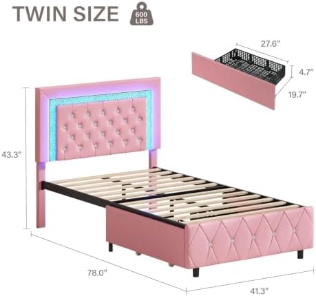 BarnFurin Twin Bed Frame with LED Lights and Diamond Tufted Headboard,Pink