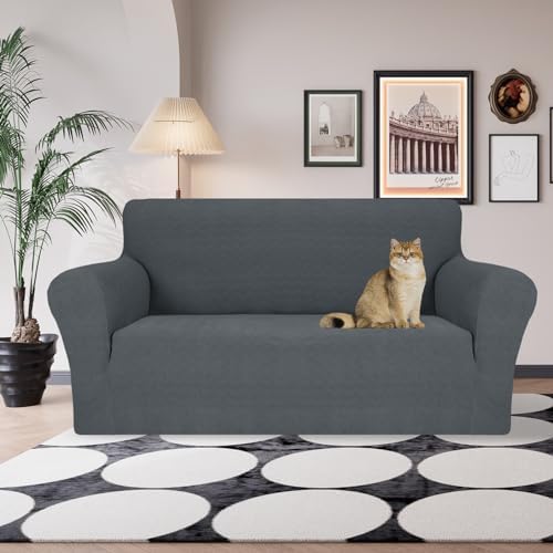 JIVINER Stretch Loveseat Slipcovers 1 Piece Love Seat Sofa Cover Spandex 2 Seater Couch Covers Universal Furniture Protector with Elastic Bottom (Medium, Dark Gray Rhomb)