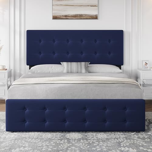 IDEALHOUSE Full Size Bed Frame with 4 Storage Drawers and Headboard, Blue