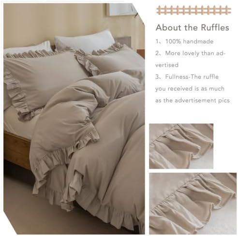 Washed Cotton Duvet Cover King Ruffle Duvet Cover Linen Textured Farmhouse Shabby Vintage Chic Bedding Comforter Cover 3 PCs Aesthetic French Country Vintage King Bedding
