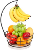 Livabber Countertop Fruit Basket Bowl with Banana Hanger, Modern Standing Fruit Vegetable Bowl Storage, with Banana Tree Holder for Kitchen Dinning Table (Round Marble, Black)