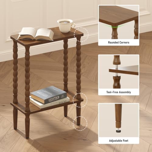 TUTOTAK Narrow Side Table with Solid Wood Legs, 2-Tier Small End Table