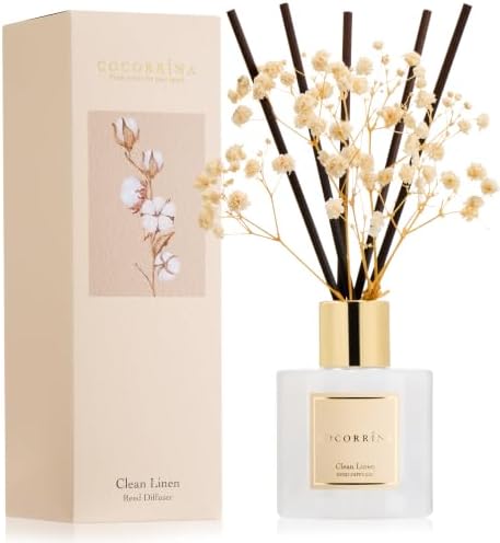 COCORRÍNA Reed Diffuser - Clean Linen 3.38 fl oz Reed Diffuser for Bedroom Bathroom Home Décor