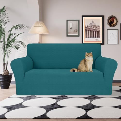 JIVINER Stretch Loveseat Slipcovers 1 Piece Love Seat Sofa Cover Spandex 2 Seater Couch Covers Universal Furniture Protector with Elastic Bottom (Medium, Teal Rhomb)