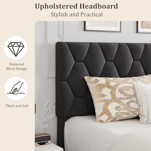 King Bed Frame with Adjustable Headboard, Upholstered Bed Frame, Grey
