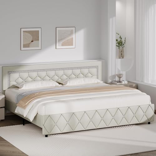 BarnFurin King Bed Frame with Diamond Tufted Headboard,Cream