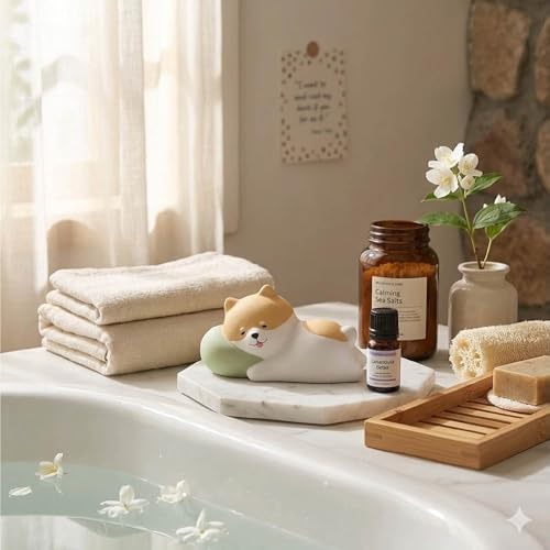Passive Stone Diffuser, Cute Animal Series Aromatherapy Oil Diffuser for Tabletop Decor (1, Napping Shiba)