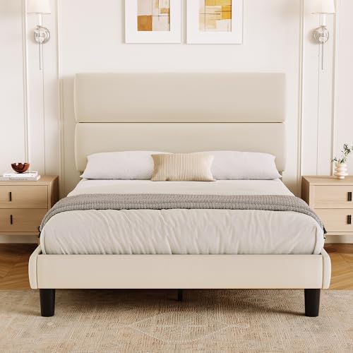 GRUSIGN Platform Bed Frame with Velvet Headboard, Adjustable Height Wooden Slats Support, Upholstered Mattress Foundation, Fits Mattress or Mattress with Box Spring, Easy Assembly, Beige, Full
