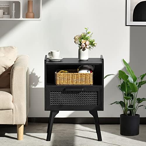 Lerliuo Rattan Nightstands Set of 2, Boho Side Table with Drawer Open Shelf