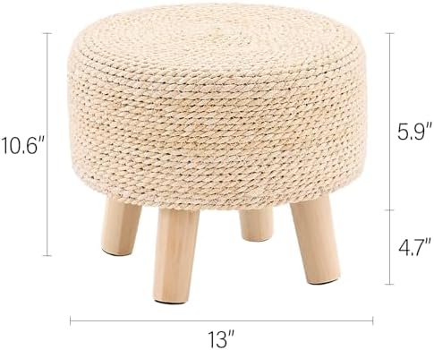 Cpintltr Ottoman Natural Seagrass Footrest Poufs Hand Weave Round Foot Stool for Couch Desk Soft Step Stool Padded Foot Rest with Pine Legs for Living Room Bedroom (Natural White)