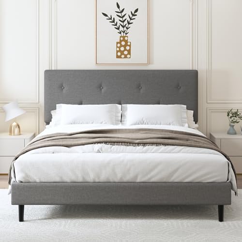 King Size Linen Bed Frame with Adjustable Headboard Grey