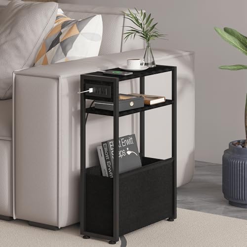 Leomonio Narrow Side Table, Slim Night Stand with Magazine Rack