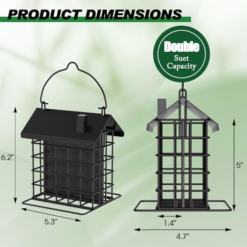 Gbekery All-Metal Double Suet Bird Feeder for Outdoors Hanging, Black Roof