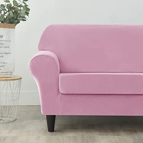 OBCREAT 3 Pieces Sofa Slipcover Stretch Velvet Sofa Covers for 2 Cushion Couch Loveseat Covers Soft Couch Cover with Elastic Bottom Non Slip Furniture Protector for Pets Kids (Pink, Medium)