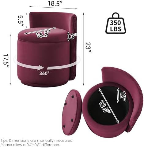 WUTUTUEE Velvet Vanity Chair with Storage, 360° Swivel Makeup Chair with Wave Back, No Assembly Small Accent Stool for Bedroom, Dressing, Living Room, Burgundy