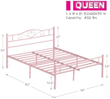 VECELO 14 Inch Queen Size Metal Platform Bed Frame with Headboard and Footboard, Heavy Duty Mattress Foundation with Steel Slats Support, No Box Spring Needed, Pink