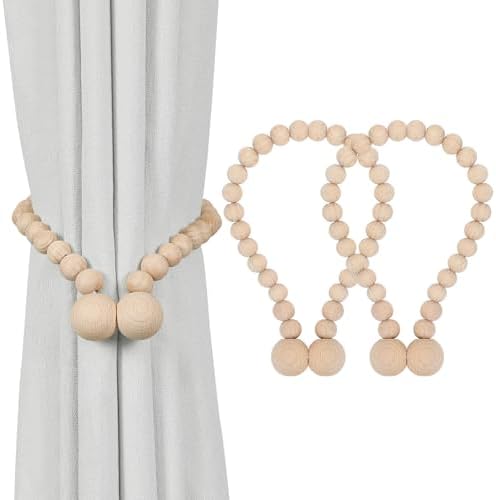KLOGTSIND Magnetic Curtain Tiebacks, 2 Pack Wood Bead Curtain Holdbacks
