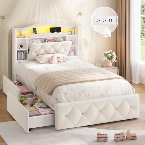 DICTAC Twin Size Bed Frame for Kids with Storage Drawers, Bookcase Headboard, LED Lights and Power Outlets, Diamond Tufted Velvet Upholstered Princess Platform Bed, Heavy-Duty Metal Support, Beige