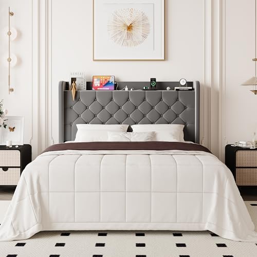 Allewie Full Bed Frame, Storage Headboard & Charging Station, Grey