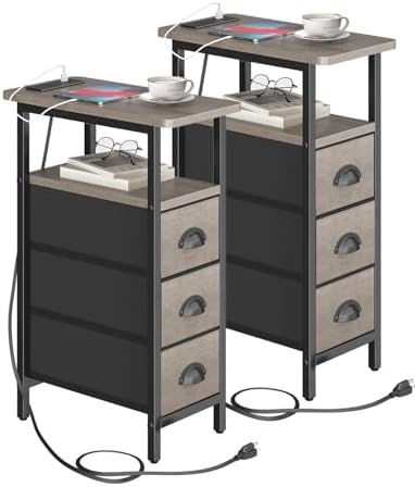 shtmec Narrow End Table Set of 2 with Charging Station, Side Tables Set 2 with Fabric Drawers, Small Bedside Tables Nightstands for Small Space, Slim Sofa Couch Table for Livingroom, Grey