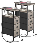 shtmec Narrow End Table Set of 2 with Charging Station, Side Tables Set 2 with Fabric Drawers, Small Bedside Tables Nightstands for Small Space, Slim Sofa Couch Table for Livingroom, Grey
