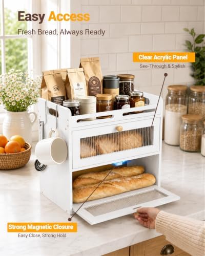 Bread Box for Kitchen Countertop, 2-Tier Bamboo Storage with Raised Shelf