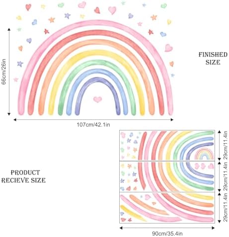 42" x 26" Rainbow Wall Decals Stickers for Girls Nursery Peel and Stick Watercolor Rainbow Hearts Stars Vinyl Wall Mural for Kids Toddlers Bedroom Playroom Classroom
