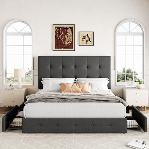 Allewie Full Size Storage Bed Frame with 4 Underbed Drawers, Upholstered Platform Bed with Adjustable Headboard, Square Button Tufted, Easy Assembly, Noise-Free, No Box Spring Needed, Dark Grey