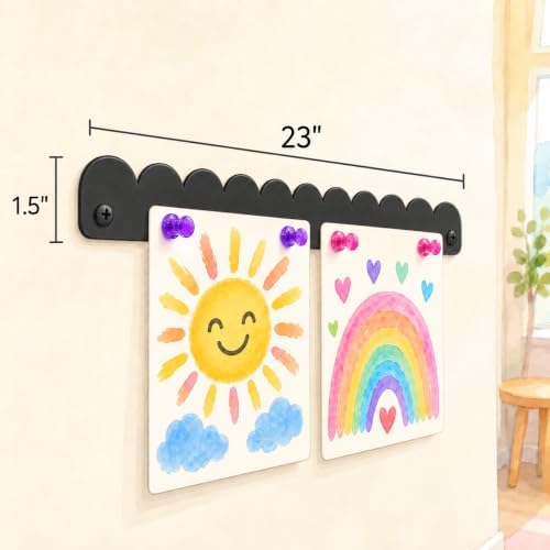 Scalloped Magnetic Art Display for Kids Artwork & Photos (Set of 3) – Kids Artwork Display for Wall – Magnetic Photo Display Strips with Push-Pin Magnets (Black, 23in (3 Pack))