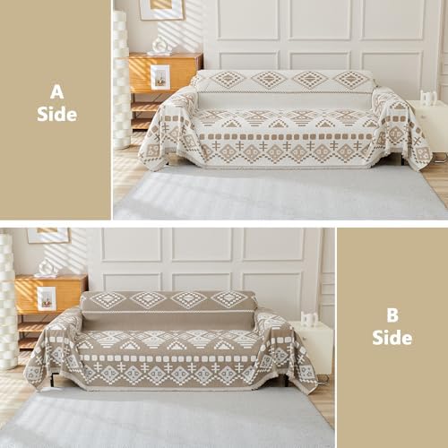 MEETSKY Boho Couch Cover Sofa Covers for Dogs，Decorative Soft Blend Washable Sofa Slipcovers Simply Put Sofa Throw Cover for Living Room, Khaki, 71" x 118"