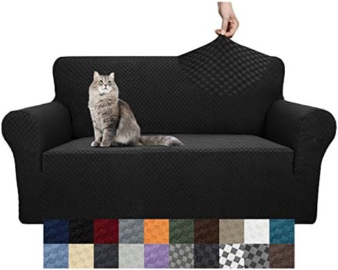 YEMYHOM Couch Cover Latest Jacquard Design High Stretch Sofa Covers for 2 Cushion Couch, Pet Dog Cat Proof Loveseat Slipcover Non Slip Magic Elastic Furniture Protector (Medium, Black)