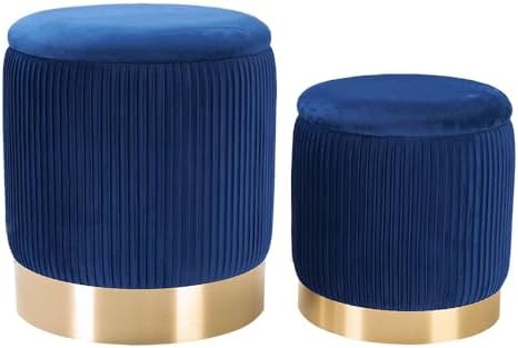 Round Ottoman with Storage Set of 2 Blue Velvet Vanity Stool