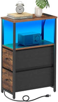 TUTOTAK Narrow LED End Table, Skinny Side Table with Charging Station