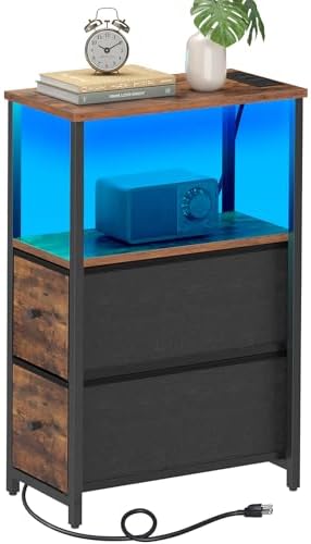 TUTOTAK Narrow LED End Table, Skinny Side Table with Charging Station