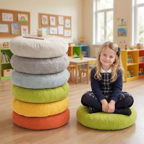 TOPCHANCES Kids Floor Cushions 6 Pack, 16" Round Classroom Seating with Handles, Waterproof Smolder-Resistant Sitting Pillows for Reading Circle Time, School & Daycare