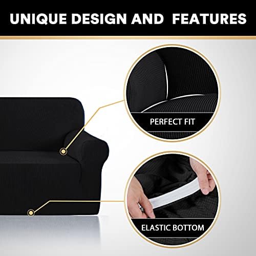 PrinceDeco Stretch Sofa Cover Slipcover Couch Covers for 3 Cushion Couch Furniture Protector Sofa Covers with Non Slip Elastic Bottom Dogs Pet Friendly Fitted (Sofa, Black)