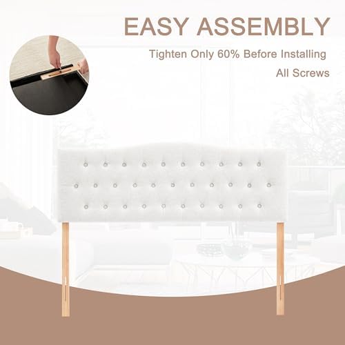 Tufted Headboard Full Size, Solid Wood Adjustable Height Head Board, White