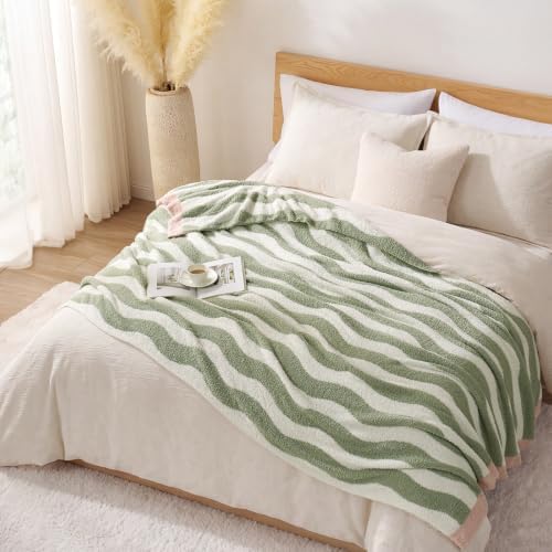 Snuggle Sac Wave Stripe Throw Blanket for Couch, Fuzzy Microfiber Blankets, Throws for Girls Daughter Gifts for Kid, Wave Sage Green White, 60x80 inches