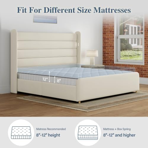 Queen Size Bed Frame with 59'' Tall Headboard with Readlight, White