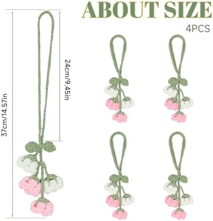 Flower Curtain Tiebacks, 4pcs Lily-of-The-Valley Curtains Holdbacks, Cute Curtain Holdbacks - No Drill Rope Holder, Drape Knitting Handmade for Nursery&Children's Room Decor (Pinkish/White)