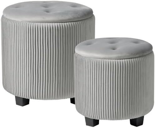 BLEXA Tufted Ottoman Set of 2 Large Round Velvet Storage Ottoman Gray