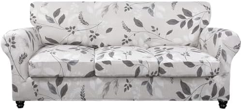 SearchI Stretch Sofa Cover Printed Couch Cover, Floral Pattern 4 Pieces Sofa Slipcover with 3 Separate Cushion Cover, Washable Furniture Protector for Living Room(Sofa, Elegant Foliage)