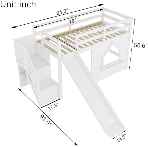 Bellemave Twin Low loft/bunk Bed with Slide and Storage Staircase LED for Kids,Wood Loft Beds,White