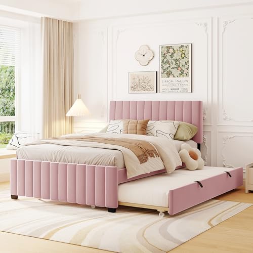 Bellemave Full Bed Frame with Trundle Bed,Velvet Upholstered Platform Bed Frame,Full Size Trundle Bed with Headboard for Kids Teens Adults(Pink)