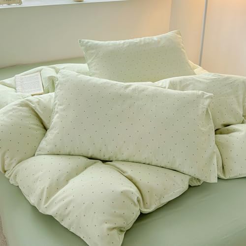 LifeTB Polka Dot Duvet Cover Set Queen, Sage Green 100% Cotton Muslin Duvet Cover, Aesthetic Polka Dot Pattern Cute Comforter Cover for All Seasons, Lightweight Soft Breathable Gauze Bedding Set
