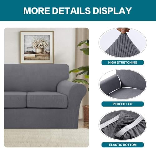 Turquoize 4 Piece Sofa Covers for 3 Cushion Couch Sofa Slipcover Soft Couch Cover for Dogs Washable Furniture Cover with 3 Individual Large Cushion Covers Feature Fabric (Large Sofa, Charcoal Gray)